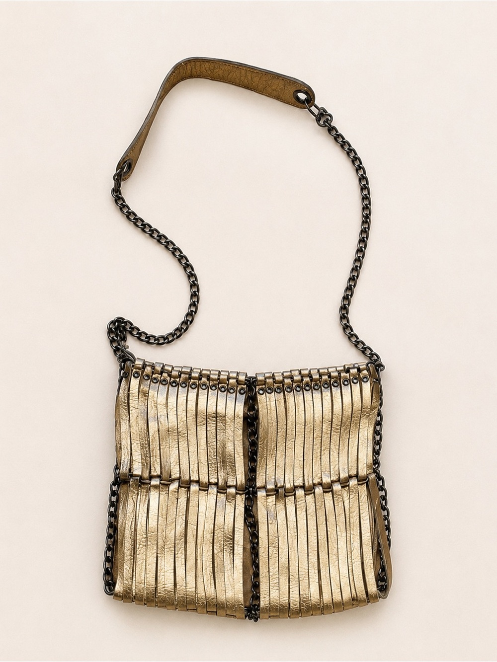 Gold Metallic Leather Chain Shoulder Bag Fringe Strip Y2K Statement Purse